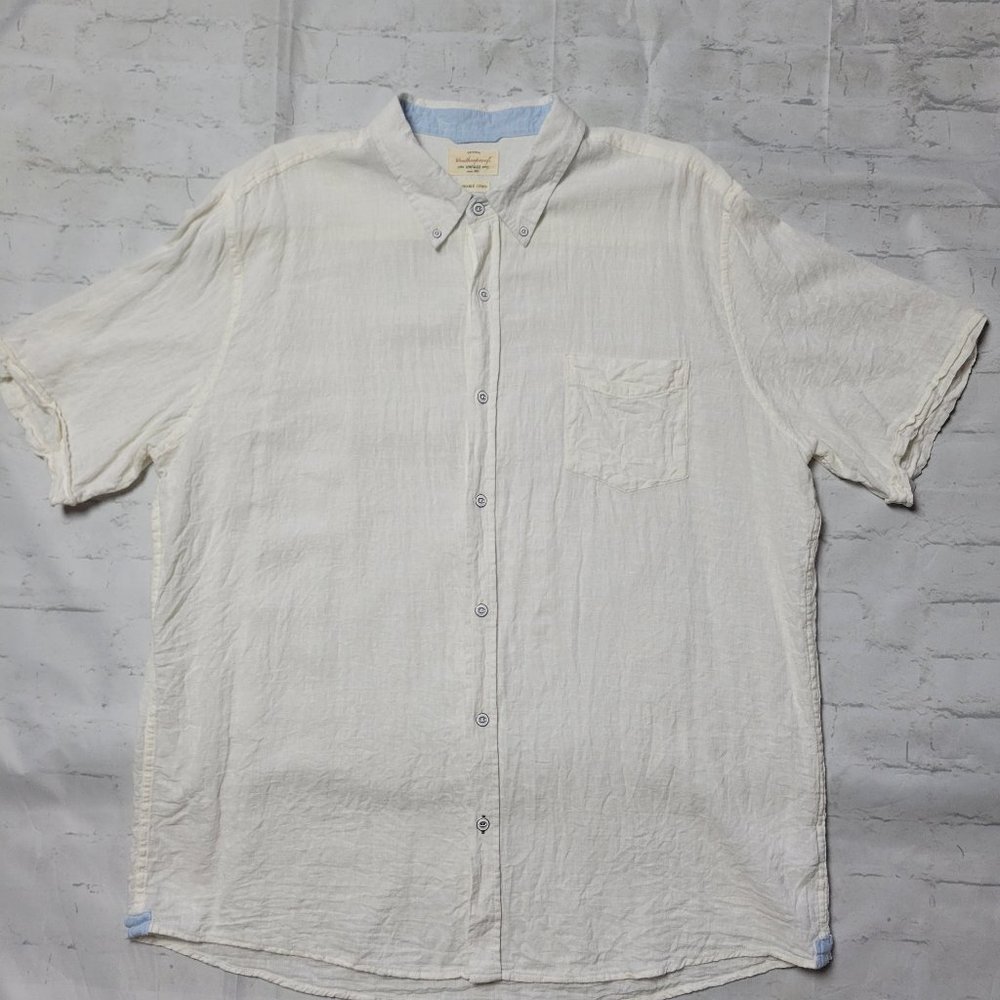 Original Weatherproof Washable Linen Men's White Cream Blue Button Shirt